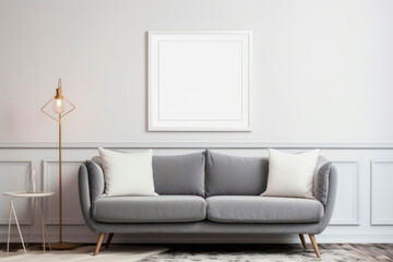 Poster mockup in a frame on the wall in a Nordic living room interior