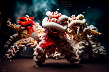 Traditional lion dance performance, showcasing the dancers' impressive acrobatics and intricate...