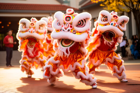Photo of the traditional lion dance performance, showcasing the dancers' impressive acrobatics and intricate lion costumes