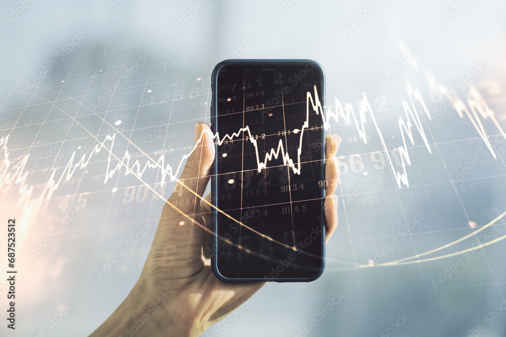 Poster multi exposure of abstract financial diagram and hand with cellphone on background, banking and acco
