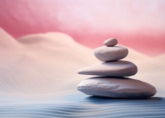 Spa still life in Zen culture style on white sand with pink color background.