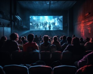 Shot from behind people sitting in a cinema and watching a movie.
