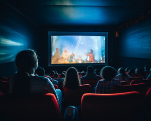 People in cinema watching projection of new movie. Night scene on large screen. - obrazy, fototapety, plakaty