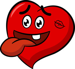 Happy Cartoon Red Heart. Emotions Faces. Character with Tongue Sticking Out. Loving Heart. Vector Illustration for Valentines Day.