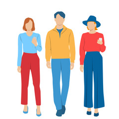  Set of young man and two women, different colors, cartoon character, group of silhouettes of standing business people, students, design concept of flat icon, isolated on white background