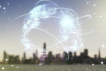 Abstract graphic digital world map hologram with connections on blurry skyscrapers background,...
