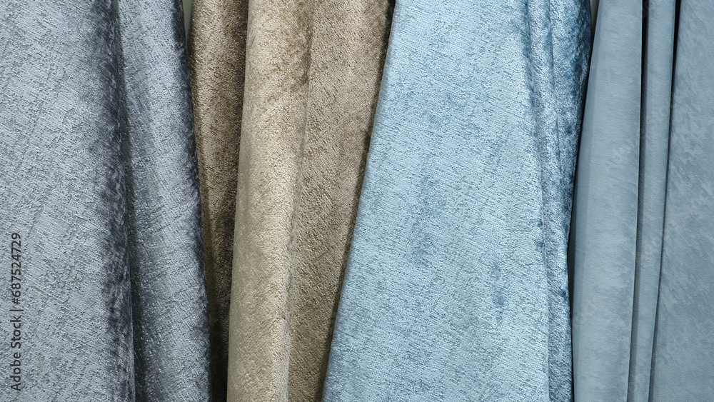 Poster mix colorful hanging vertical stripe textile, fabrics, cloths on the rack. texture of multicolored f