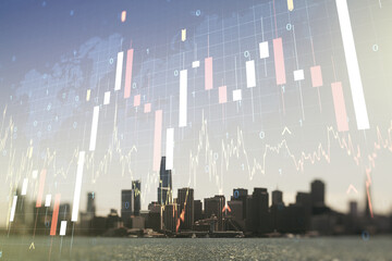 Multi exposure of virtual creative financial graph and world map on San Francisco city skyline...