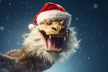 Dragon with fangs and teeth in a red Santa Claus hat among shiny candies and snowflakes, a symbol of the New Year.