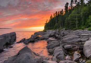 Sunset Symphony: Ontario's Sleeping Giant Provincial Park Coastal Serenade - obrazy, fototapety, plakaty