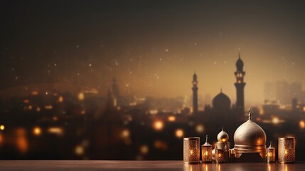 An islamic lantern with a blurred background for al fitr and adha eid, Ramadan.