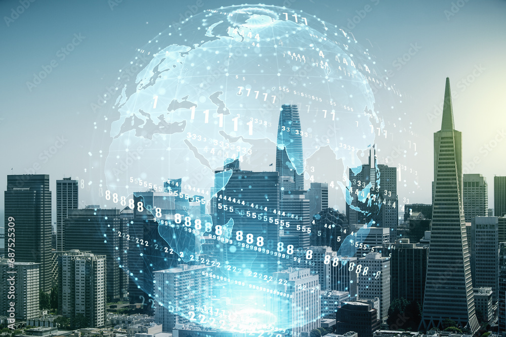 Poster abstract virtual coding concept and world map hologram on san francisco skyline background. multiexp