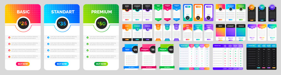 big mega Set of UI UX app pricing chart table Subscription design or website Pricing chart table design template. Product Plan Offer Price Package Subscription Comparison Chart Infographic bundle.