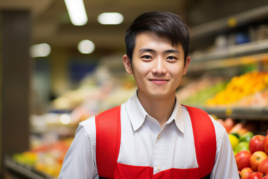 AI generated portrait of joyful man working as a cashier salesman serving customers in supermarket