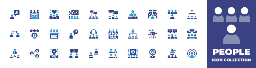 People icon collection. Duotone color. Vector and transparent illustration. Containing love, teamwork, goal, acupuncture, jury, team, location, idea, cinema, investor, chat, story, demostration.
