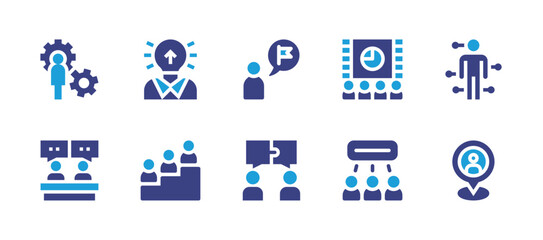 People icon set. Duotone color. Vector illustration. Containing gear, goal, acupuncture, interview, team, location, idea, cinema, progress, networking.