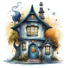 Halloween house in the forest, watercolor illustration, isolated on white background