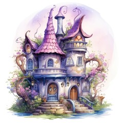 Beautiful fairy tale castle. Watercolor cartoon illustration