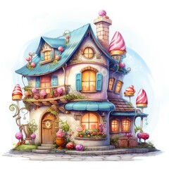 Fototapeta premium Fairytale house with ice cream. Watercolor cartoon illustration