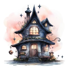 Watercolor illustration of a Halloween witch house. Cute cartoon style.