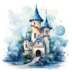 Watercolor cartoon illustration of a fairy tale castle in the forest on a white background