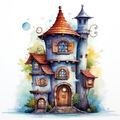 watercolor illustration of a fairy tale castle with wooden doors and windows.