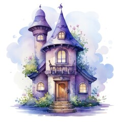 Beautiful fairy tale castle. Watercolor cartoon illustration