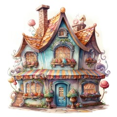 Fototapeta premium Cartoon house with flowers and candies. Watercolor cartoon illustration