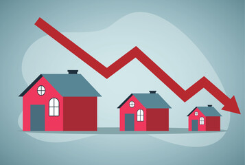 Housing price falling down, real estate and property crash, value drop or decline, home loan or mortgage risk concept.
