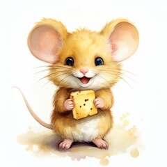 Funny little mouse with cheese on white background. Watercolor cartoon illustration