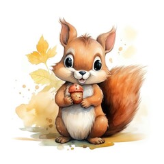 Cute squirrel with an acorn. Watercolor cartoon illustration
