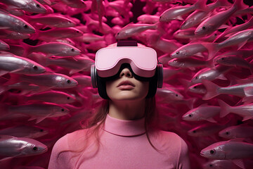 Youngster watching 3d object in virtual world fun cheerful vr glasses goggles generative ai