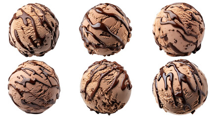 Collection of PNG. Chocolate ice cream ball with chocolate sauce topping isolated on a transparent background.