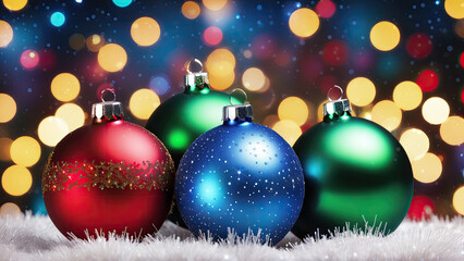 Fototapeta premium Three christmas ornaments sitting on top of a pile of snow