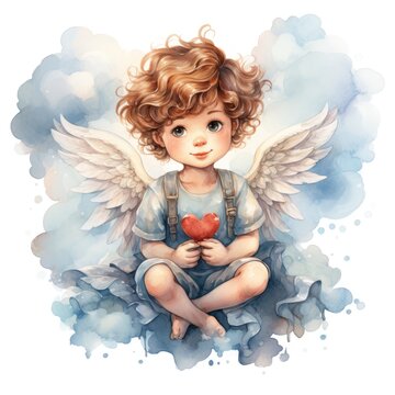 Cute little boy with angel wings and red heart. Watercolor cartoon illustration