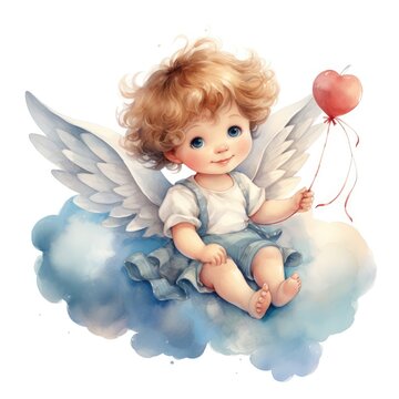 Cute little boy with angel wings and red heart. Watercolor cartoon illustration
