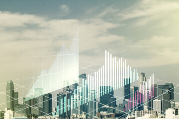 Double exposure of virtual creative financial diagram on Los Angeles office buildings background, banking and accounting concept