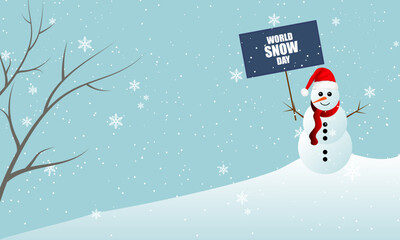 Snow day world snowman with a sign, vector art illustration.