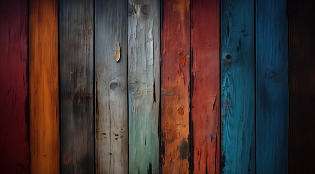 Grungy colorful wood strips. Wooden wall or floor of color full wood planks. Colorful spectrum of wood background. Hand edited generative AI.
