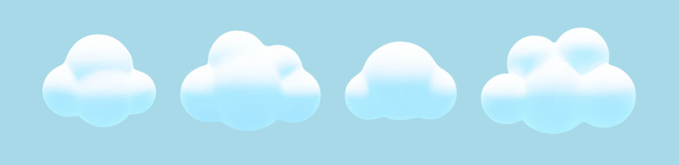 Cartoon 3d fluffy clouds set. Vector soft white cloud on blue background. 3d Render bubble shape round geometric cumulus illustration for design, game, weather app. - obrazy, fototapety, plakaty