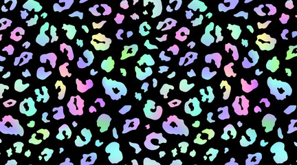Trendy Neon Leopard pattern horizontal background. Vector rainbow wild animal leo skin, gradient cheetah texture with rainbow spots on black background for fashion print design, wallpapers, decor. © Ketmut