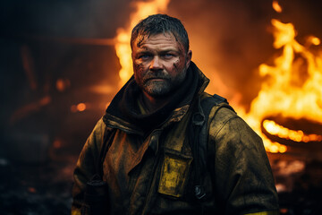 Fototapeta premium AI generated portrait of rescuers evacuates people from fire