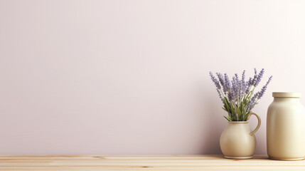 ラベンダーの花束が陶器の花瓶に飾っているベージュの木製の机、背景薄い紫、コピースペース - obrazy, fototapety, plakaty