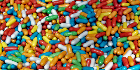 The image shows a pile of oblong candy in various colors.