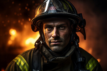 AI generated portrait of rescuer evacuates people from fire