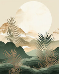 calm green boho style posters with geometric shapes and palm leaves 8:10 for design and wall art print backdrop