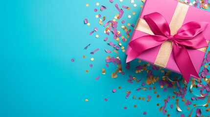A vivid pink gift box tied with a magenta ribbon, surrounded by gold confetti on a bright turquoise background, showcasing a vibrant and relatable personality, elaborately wrapped for Valentine’s Day
