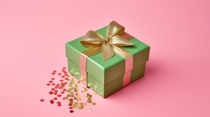 An elaborate pink gift box with gold accents, set against a lively lime green background sprinkled with gold confetti, reflecting a vibrant color combination and personality, Valentine’s Day