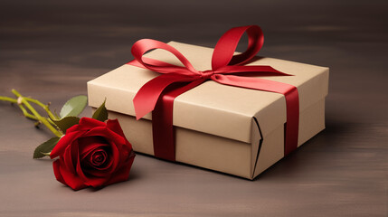 An ornate dark beige gift box with a velvet red bow, accompanied by a rose that subtly matches the box’s hidden textures, Valentine’s Day, with copy space