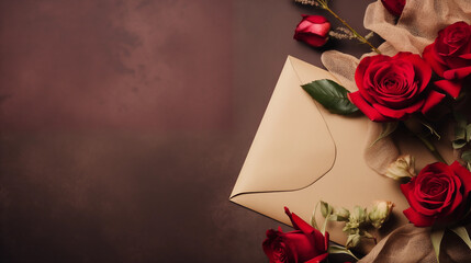 A letter wrapped in textured dark beige paper with red floral patterns, next to a rose with a mysterious note attached, inviting curiosity and wonder, Valentine’s Day, with copy space